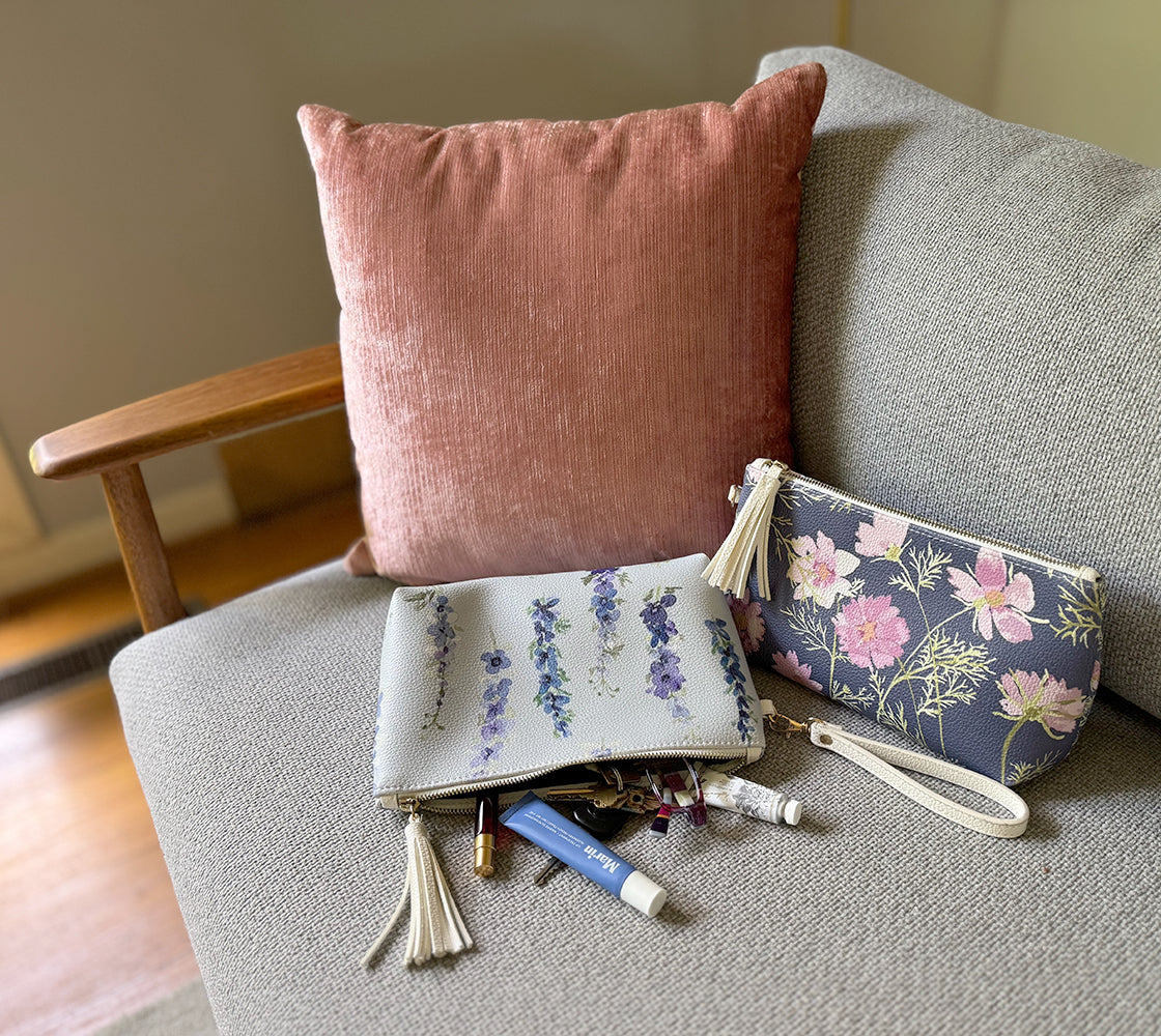 Vegan Leather Clutch and Makeup Bag, shown in Delphinium and Airy Cosmos