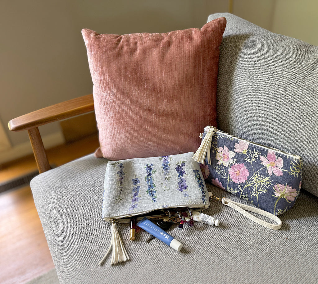 Vegan Leather Clutch and Makeup Bag, shown in Delphinium and Airy Cosmos